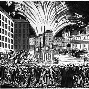 TREATY OF PARIS, 1763. Fireworks at H├┤tel de Ville in Paris celebrating the Treaty of Paris, 10 February 1763, ending the Seven Years War between Great Britain, France and Spain. Contemporary French line engraving