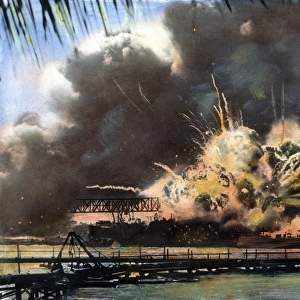 The USS Shaw exploding during the Japanese attack on the U. S. naval base at Pearl Harbor, Hawaii, 7 December 1941