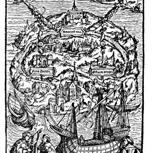 THE VIEW OF UTOPIA. Woodcut, probably by Ambrosius Holbein, from Sir Thomas Mores Utopia