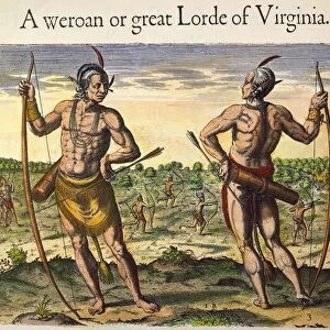 VIRGINIA NATIVE AMERICANS, 1590. A weroan or great Lorde of Virginia. Colored engraving, 1590, by Theodor de Bry after John White