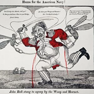 WAR OF 1812: CARTOON, 1813. Huzza for the American Navy! An American cartoon of 1813 punning on the names of American naval commanders Isaac Hull and William Bainbridge