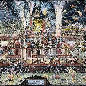 WILLIAM III & MARY, 1689. Fireworks in London marking the coronation of William III and Mary II of England: Dutch engraving, 1689