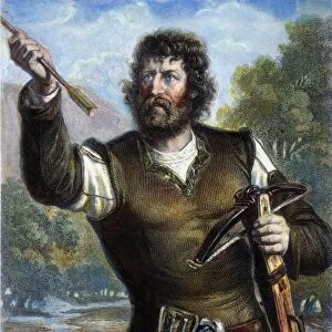 WILLIAM TELL. The legendary Swiss hero holding the crossbow and arrow with which he shot the apple from his sons head: engraving, 19th century