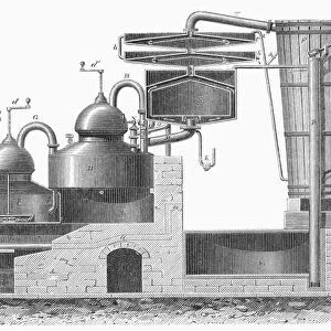 Wine distillery invented by Johannes Pistorius. 19th century German line engraving