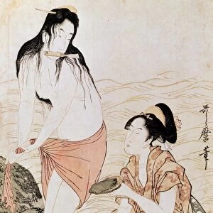 Two women abalone divers in Japan. Woodblock print by Kitagawa Utamaro, 1797-98