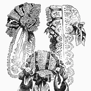 WOMENs HATS, 1852. Paris Fashions for October. Ladies hats and bonnets, and a walking costume. Wood engraving from an English newspaper of 1852