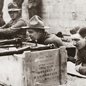 WORLD WAR I: TRAINING. A man sighting a rifle at a U. S. Army training camp at Plattsburg