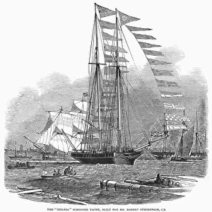 YACHT: TITANIA, 1850. The Titania schooner yacht, built for Mr. Robert Stephenson, C. E. Wood engraving, English, 1850