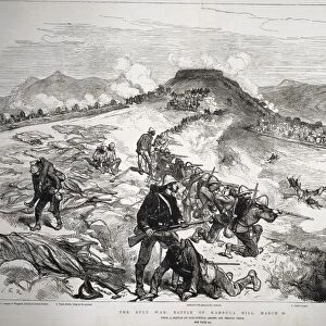 ZULU WAR, 1879. The Battle of Kambula Hill, 29 March 1879, between British troops and Zulu fighters on the Transvaal frontier of Zululand. Wood engraving from a contemporary British newspaper