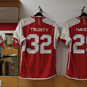 Arsenal FC: Pre-Season Preparation - Auston Trusty and Kai Havertz's Shirts in Arsenal Changing Room (Nuremberg, 2023)