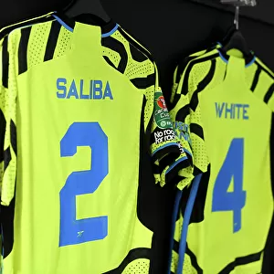 Arsenal's Pre-Match Preparation: William Saliba's Jersey in Arsenal Dressing Room (West Ham United vs Arsenal, Carabao Cup 2023-24)