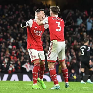Martinelli and Tierney Celebrate Arsenal's Victory over West Ham United (2022-23)