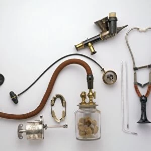 19th century medical inventions, including early syringes, sphygmomanometer, Letheon ether inhaler, ceramic false teeth, endoscope, thermometers, stethoscopes
