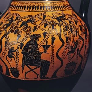 Amphora by Painter of Priam, Detail of man drinking among vineyards, 520-510 B. C