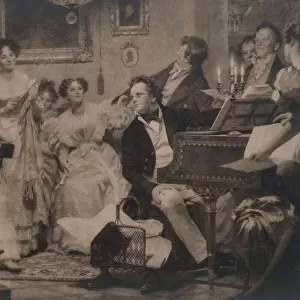 Austria, Vienna, Composer Franz Peter Schubert Plays Piano for his Friends in Vienna, lithograph