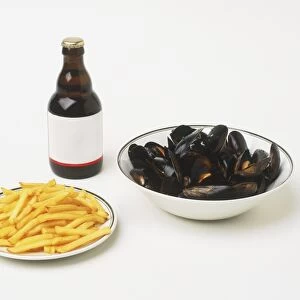 Bowl of mussels, plate of chips, and a bottle of beer