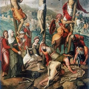 Calvary. Christ between the two thieves. Pieter Pietersz (1450-1603). Oil on wood