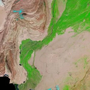 false-colour images feature the Indus River Valley, a lush oasis of vegetation made