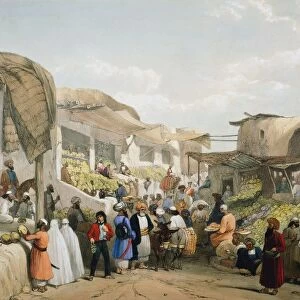 First Anglo-Afghan 1838-1842: Bazaar at Cabul (Kabul) during fruit season. Veiled women on right