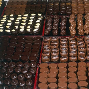 France, Paris, chocolates displayed at a chocolatiers, close-up