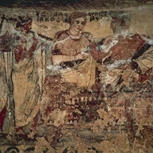 Fresco depicting funerary banquet of Velthur Velcha with wife Ravnthu Aprthnei entertained by two musicians