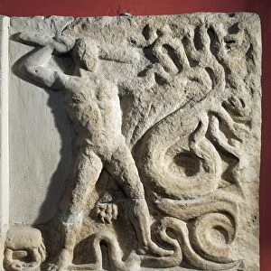 Greece, Lerna, Votive marble relief depicting Heracles and Hydra of Lerna