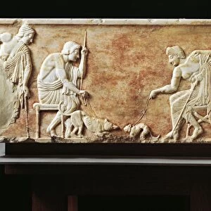 Greek civilization, stele depicting fight between dog and cat, from Kerameikos necropolis in Athens, Greece, 510 b. c