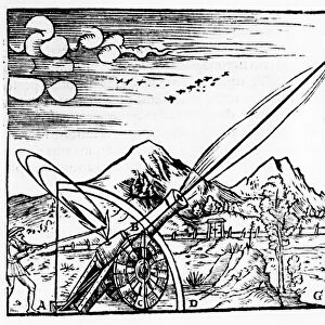 Gunner firing a cannon. The path of the projectile is shown according to Aristotelian physics