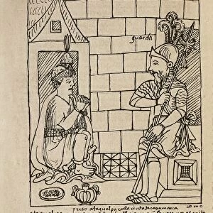 Illustration from New Chronicle and Good Government by Felipe Guaman Poma de Ayala representing Inca King Atahuallpa prisoner of Spanish conqueror Pizarro in Cajamarca, in 1533
