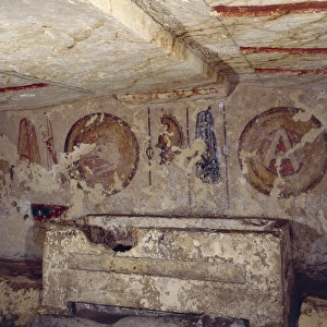 Italy, Latium region, Tarquinia (Viterbo province), Etruscan necropolis, Giglioli tomb, detail of the frieze depicting insignia of magistracy, fresco