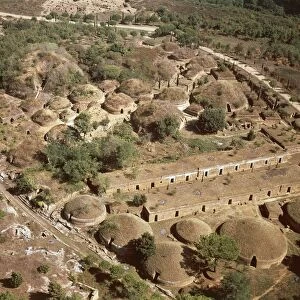 Italy, Lazio region, Aerial view of Etruscan necropolis at Cerveteri, province of Rome