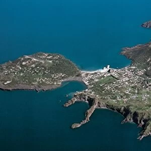 Italy, Sicily Region, Aeolian islands (Lipari Islands), Vulcano Island, Vulcanello, Porto and Gran Cratere, aerial view