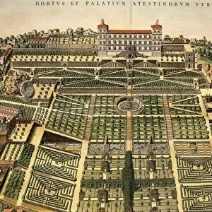 Italy, Tivoli, View of Villa d Este, engraving from Theatrum Civitatum et Admirandorum Italiae by Jean Blaeu, Amsterdam, 1663
