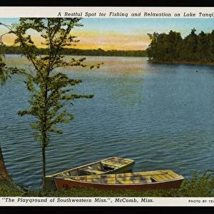Lake Tangipahoa. ca. 1939, McComb, Mississippi, USA, A Restful Spot for Fishing and Relaxation on Lake Tangipahoa. Percy Quin Park, The Playground of Southwestern Miss. McComb, Miss
