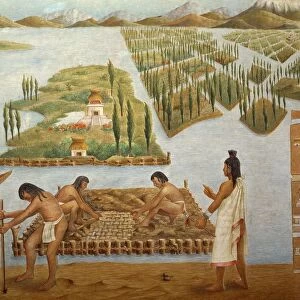 Manuscript, Mexico, 16th century. Construction of the city of Tenochtitlan, Aztecs strengthening the land using chinampas method. Copy