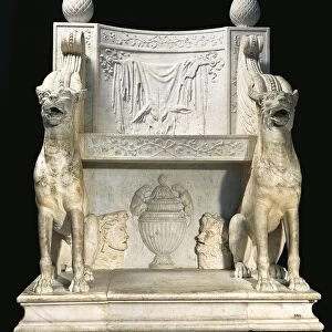 Marble throne of priest of Bacchus, replica of Roman sculptures using original parts