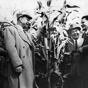 Nikita khrushchev and a soviet delegation visiting the peoples own domain for seed production at schwaneberg-altenweddingen near magdeburg, gdr on august 11, 1957, left to right are: walter ulbricht; otto strube, director of the domain; khrushchev; alois pisnik, first secretary of the district leadership of magdeburg; and erich muckenburger, candidate of the politbureau of the central committee of the socialist unity party