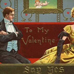Postcard of Cupid Whispering to Woman. ca. 1909, To My Valentine, Say Yes