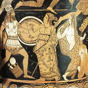 Red-figure pottery, detail of krater depicting Menelaus faced by Aphrodite as he reaches Helen, from Civita Castellana, ancient Falerii, Rome province, Italy