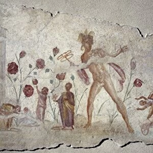 Scene of the Elysium, as a tribute to the deceased child Octavia Paolina, detail with Hermes psychopompos the deceased child and children picking roses from the Hypogeum of the Octavian family, Ottavia quarter, Rome, fresco on plaster