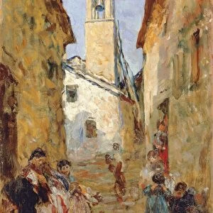 Sicilian village with women and children, by Luigi Rossi, painting
