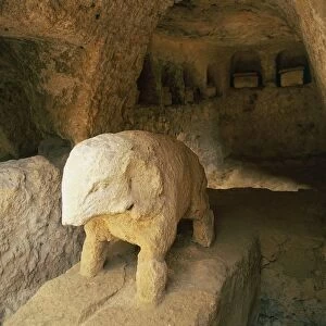 Spain, Andalusia, Roman necropolis of Carmona, elephant statue in funerary chamber at Elephant Tomb