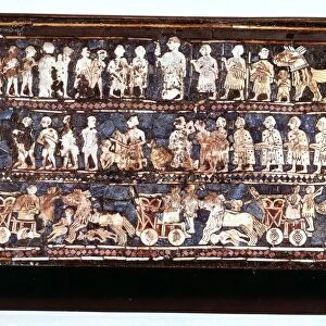 Standard of Ur, the war side, from the Royal Cemetery at Ur c2500 BC. Lapis lazuli