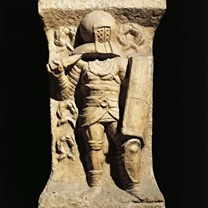 Stele of gladiator from Secutores class armed with oblong shield and short sword