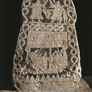 Sweden, Gotland, Runestone depicting two warriors fighting and the journey of the Vikings to the Valhalla