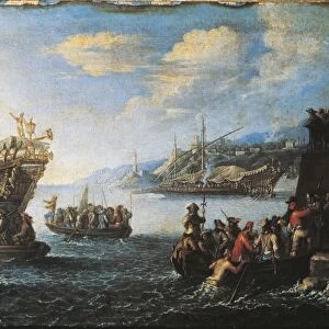 Troops embarking on galley in Port of Genoa by Cornelis De Wael