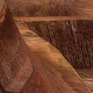 High angle view of empty dirt roads at open-pit coal mine, Kalgoorlie, Western Australia, Australia