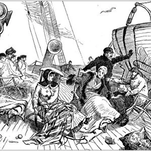 Antique illustration by Randolph Caldecott: On the boat