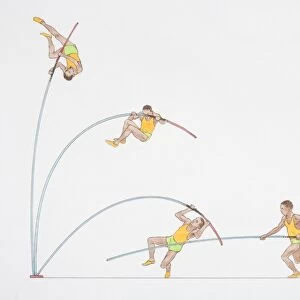 Artwork showing key stages of a pole vaulters jump