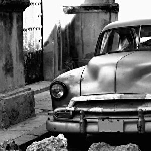 black and white, car, chevrolet, chevy, cuba, day, desaturated, havana, heritage